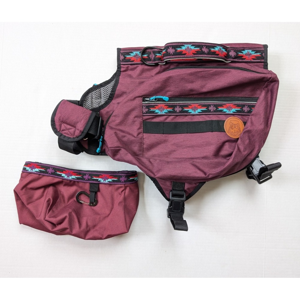 Wilder Dog Backpack LARGE Saddle Bag Harness w/ Water Bowl Burgundy Southwestern
